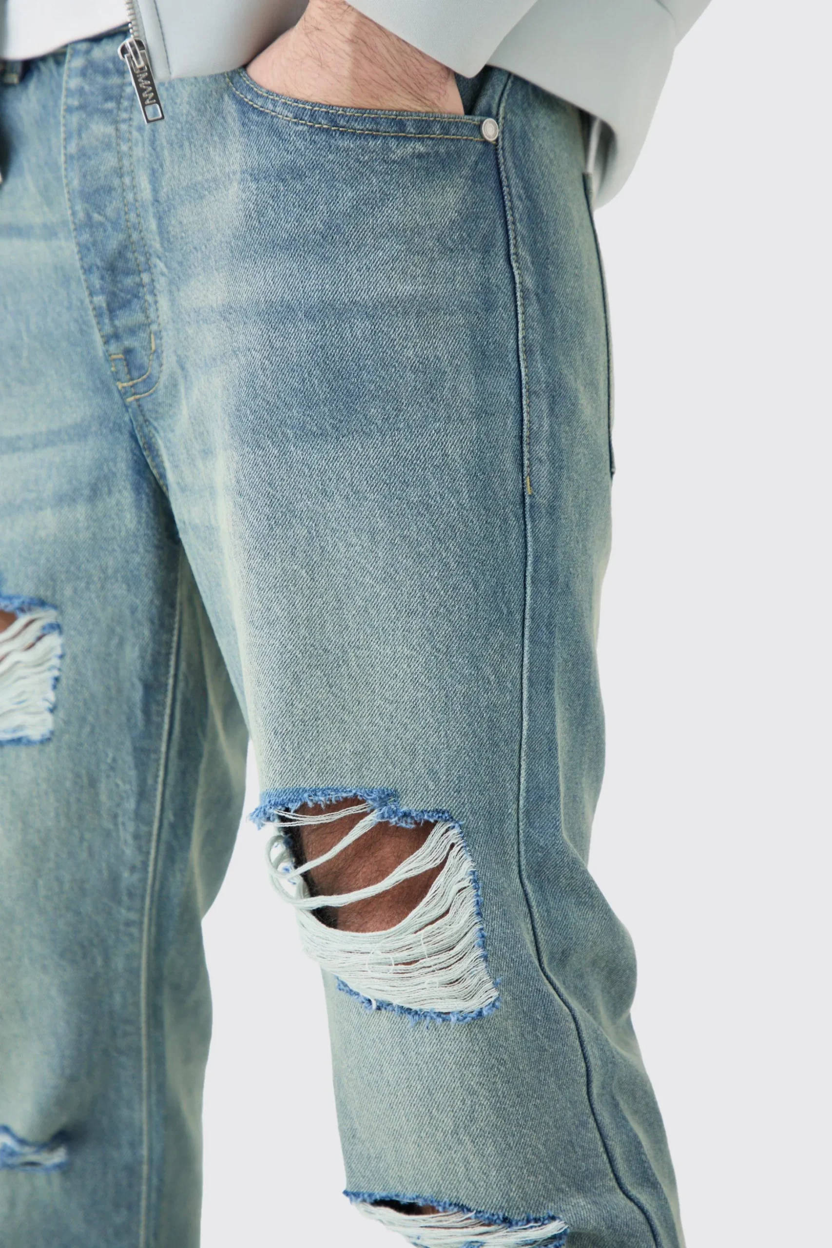 Slim Rigid All Over Rip Jean In Antique Blue | BoohooMAN UK