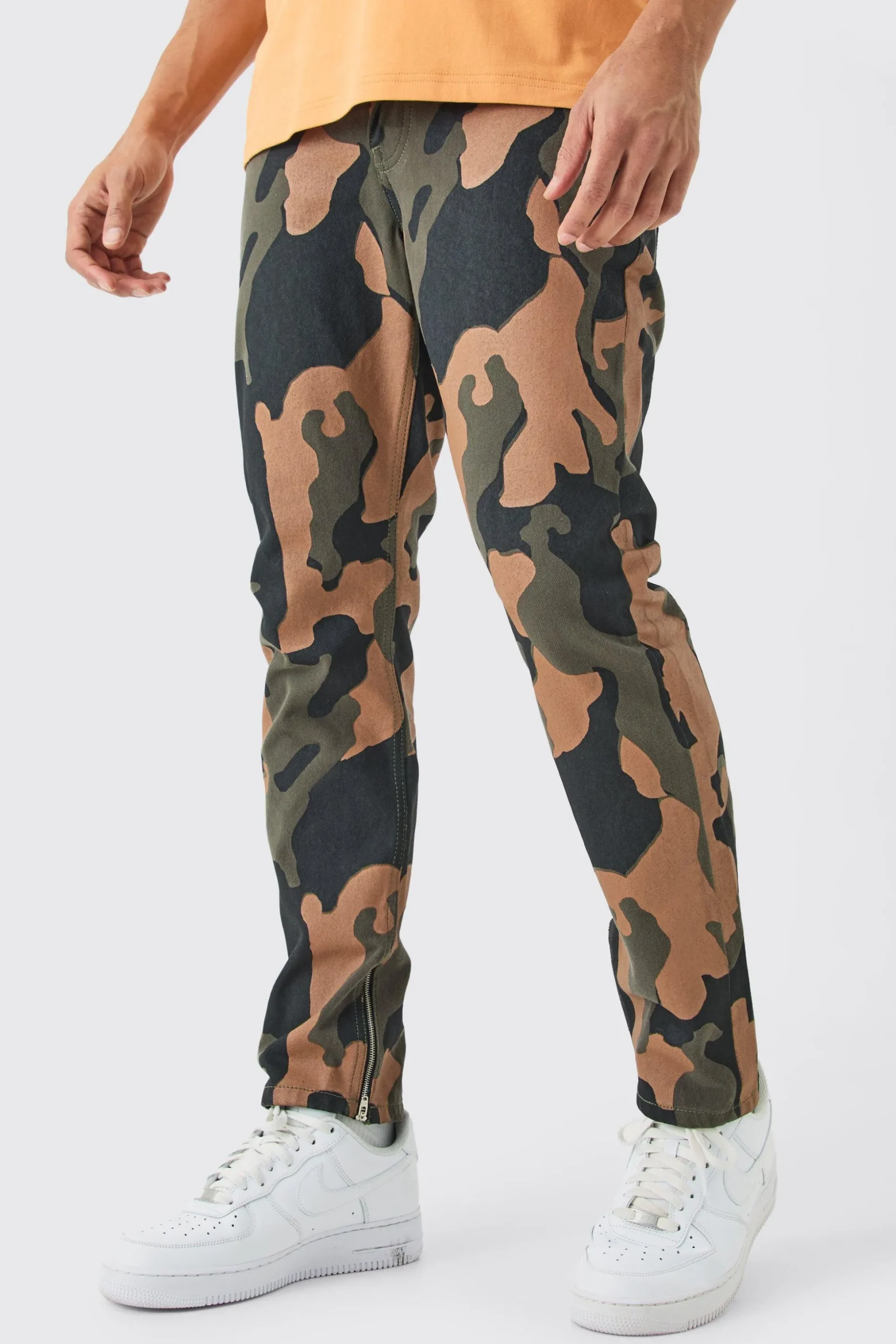 Slim Rigid Camo Zip Hem Jeans | BoohooMAN UK