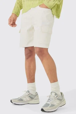 Slim Rigid Cargo Denim Shorts In Ecru | BoohooMAN UK