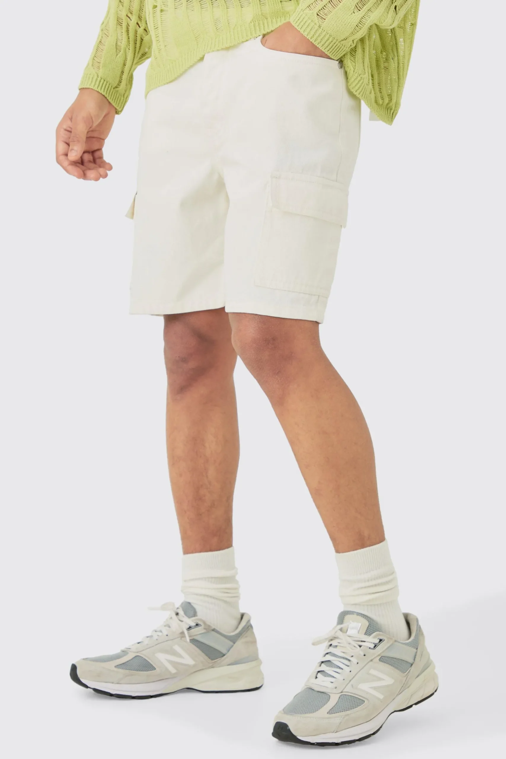 Slim Rigid Cargo Denim Shorts In Ecru | BoohooMAN UK