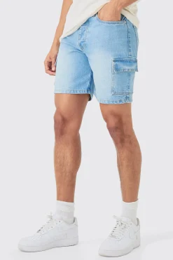 Slim Rigid Cargo Denim Shorts In Light Blue | BoohooMAN UK