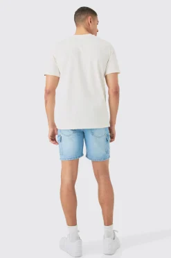 Slim Rigid Cargo Denim Shorts In Light Blue | BoohooMAN UK