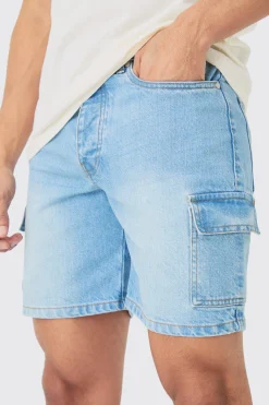 Slim Rigid Cargo Denim Shorts In Light Blue | BoohooMAN UK