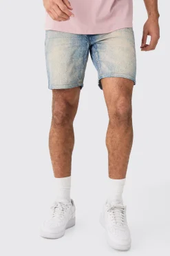 Slim Rigid Denim Shorts In Vintage Blue | BoohooMAN UK