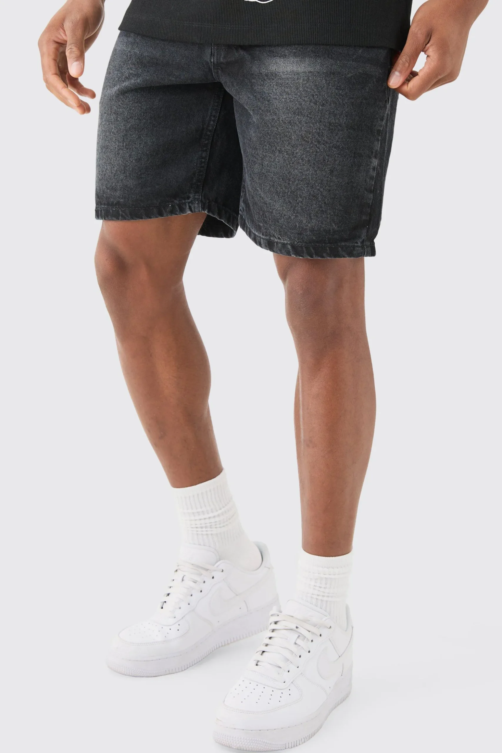 Slim Rigid Denim Shorts In Charcoal | BoohooMAN UK