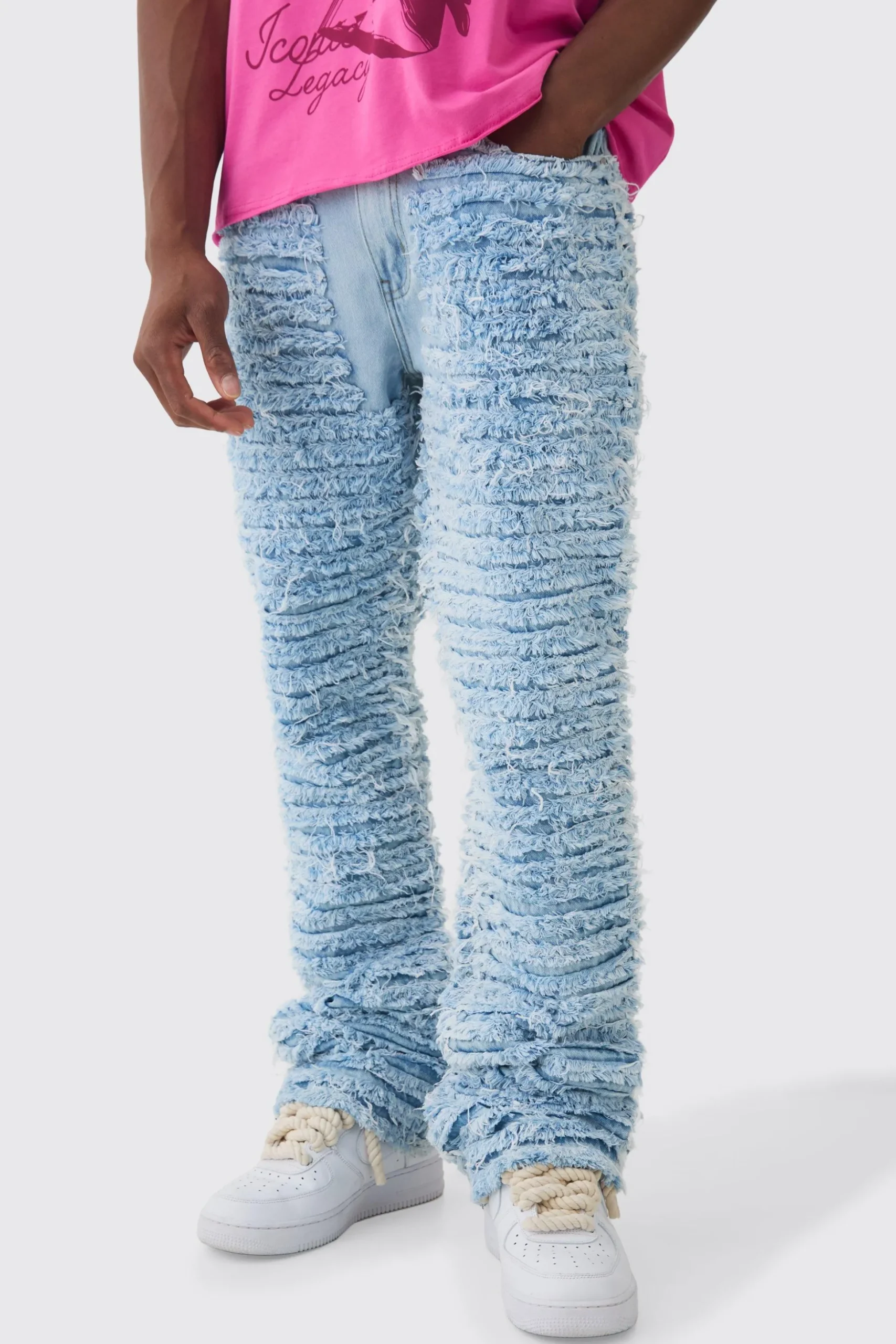 Slim Rigid Flare All Over Distressed Jeans In Light Blue | BoohooMAN UK