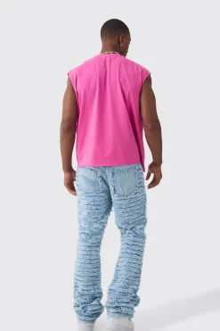 Slim Rigid Flare All Over Distressed Jeans In Light Blue | BoohooMAN UK