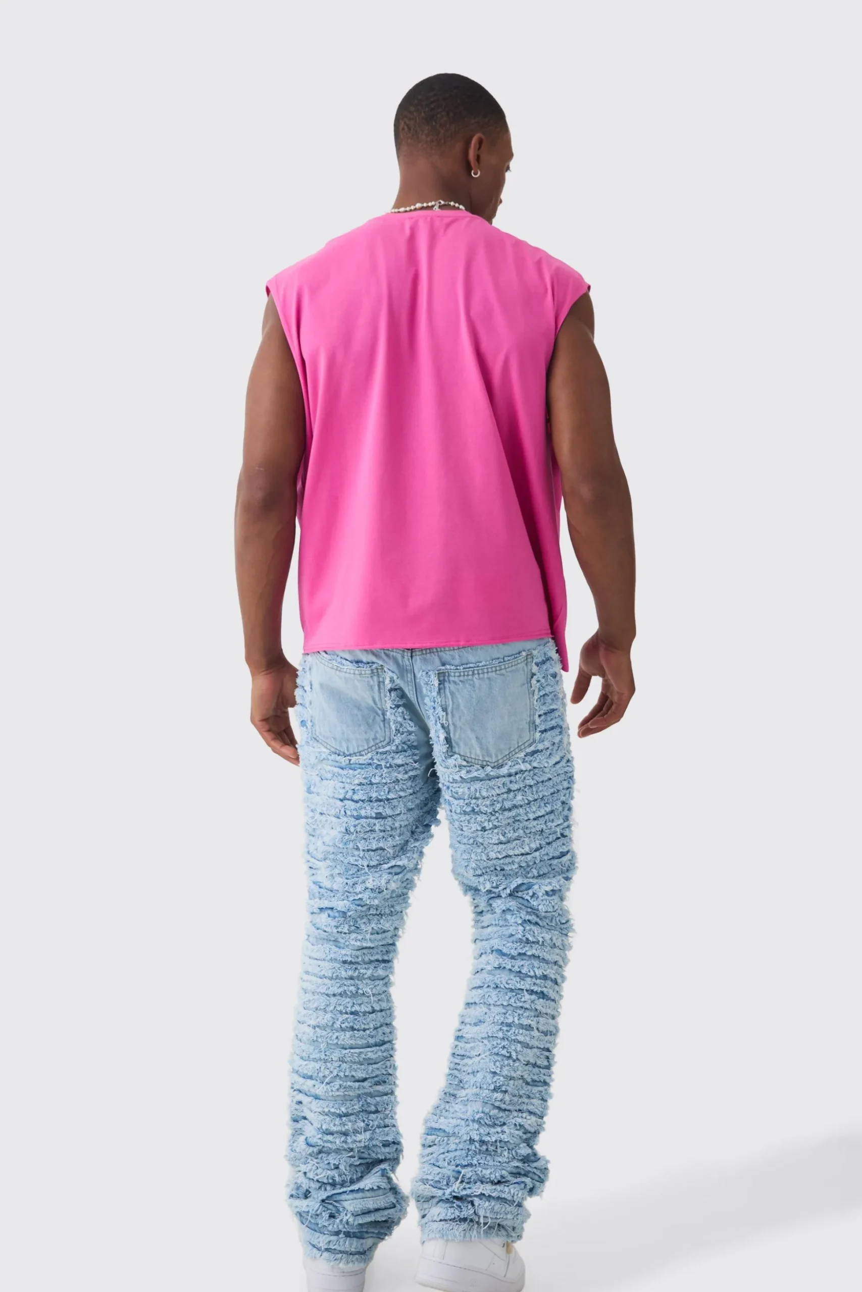Slim Rigid Flare All Over Distressed Jeans In Light Blue | BoohooMAN UK