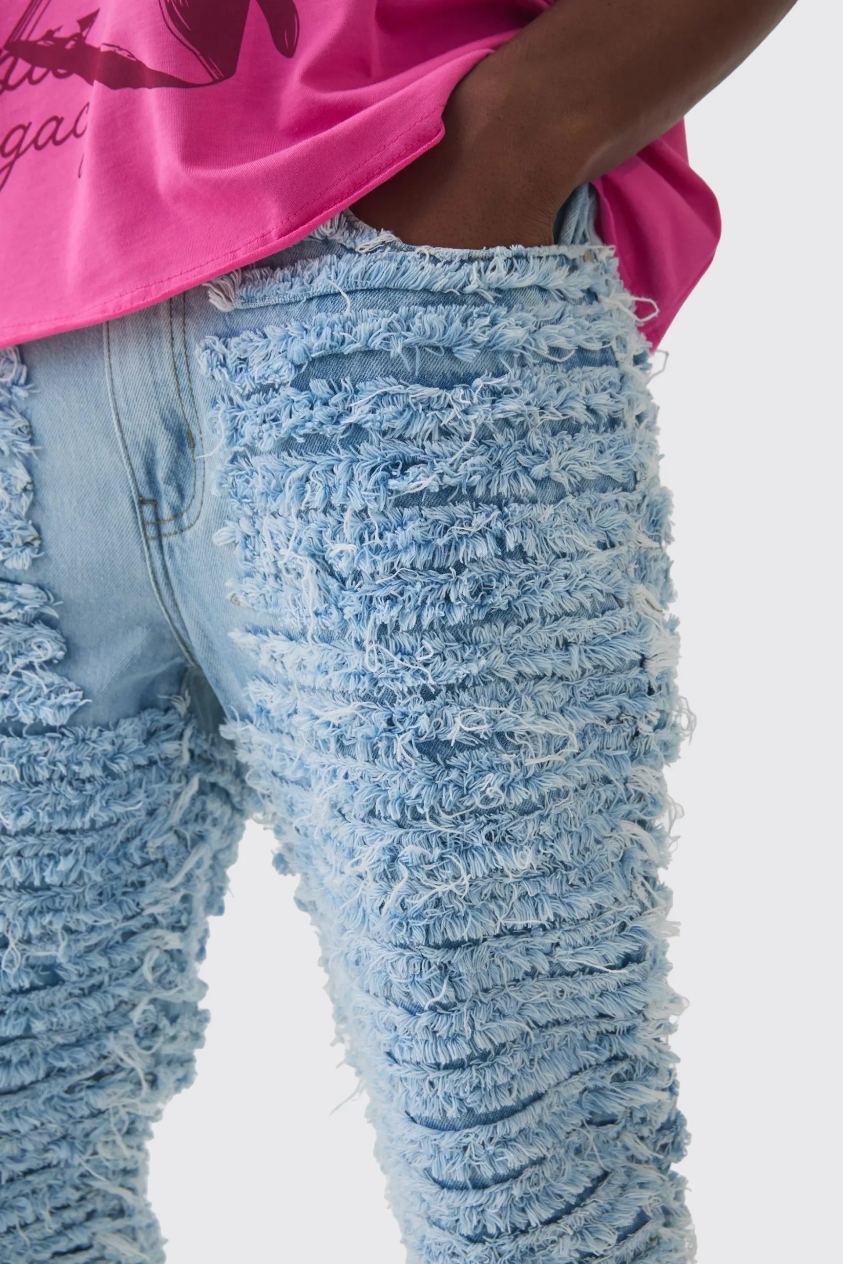 Slim Rigid Flare All Over Distressed Jeans In Light Blue | BoohooMAN UK