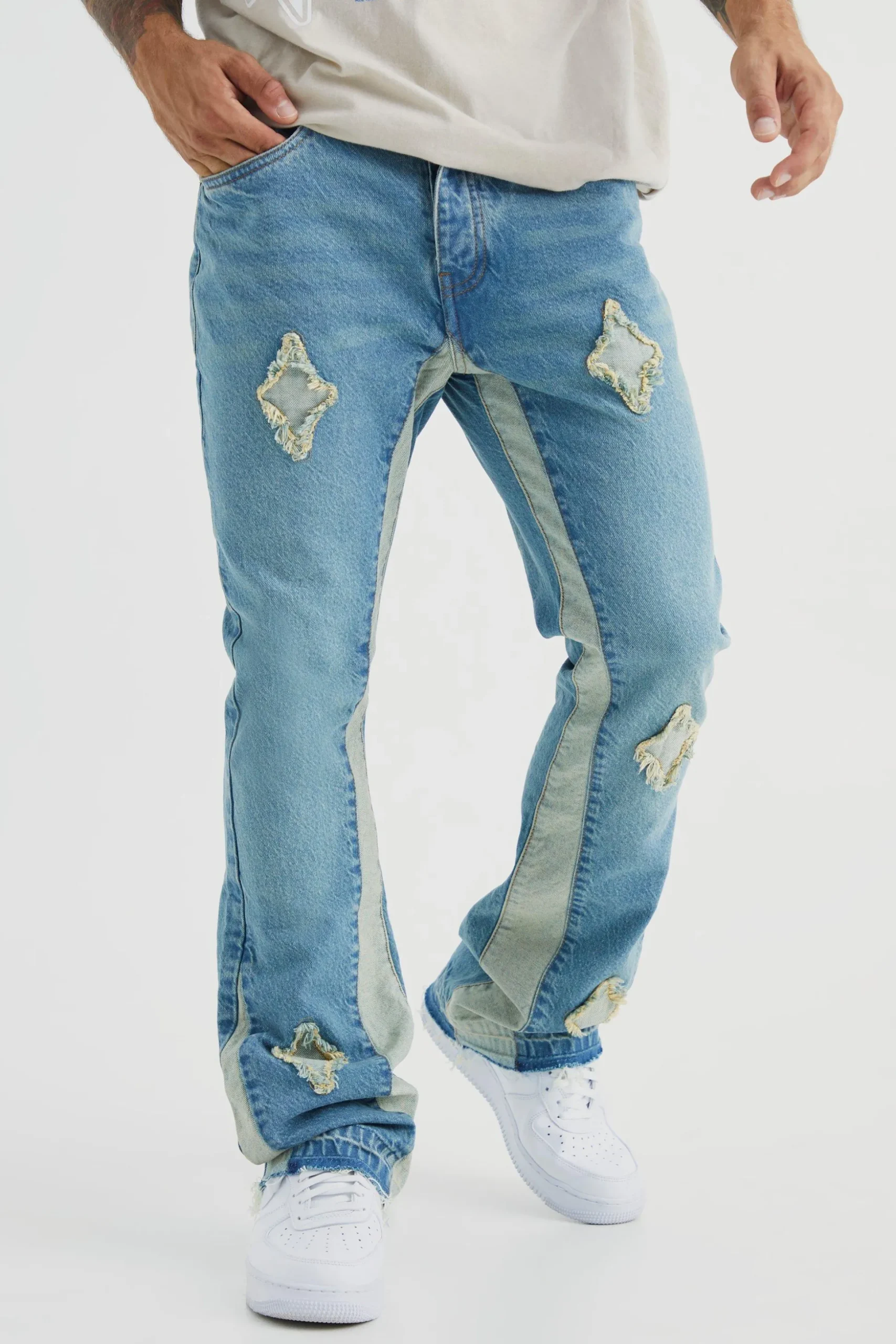 Slim Rigid Flare Applique Panel Jeans | BoohooMAN UK