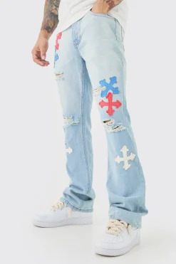 Slim Rigid Flare Applique Jeans In Ice Blue | BoohooMAN UK