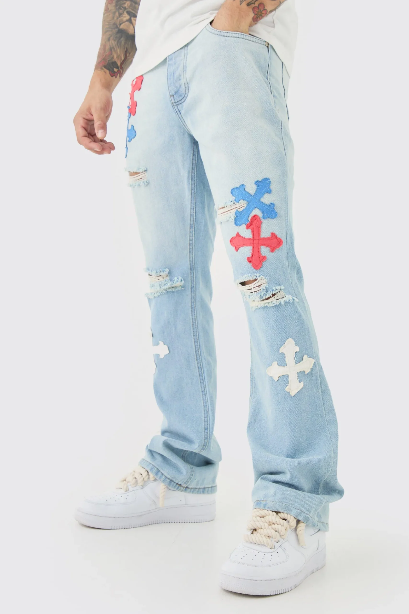 Slim Rigid Flare Applique Jeans In Ice Blue | BoohooMAN UK