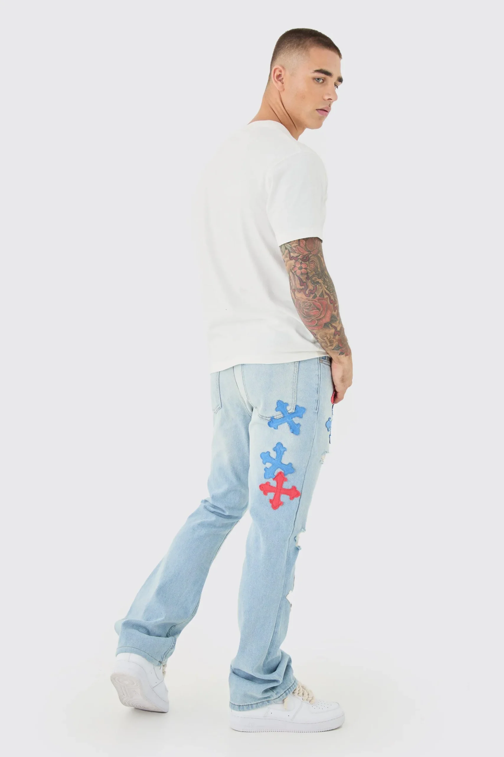 Slim Rigid Flare Applique Jeans In Ice Blue | BoohooMAN UK