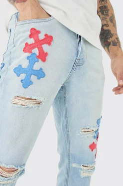 Slim Rigid Flare Applique Jeans In Ice Blue | BoohooMAN UK