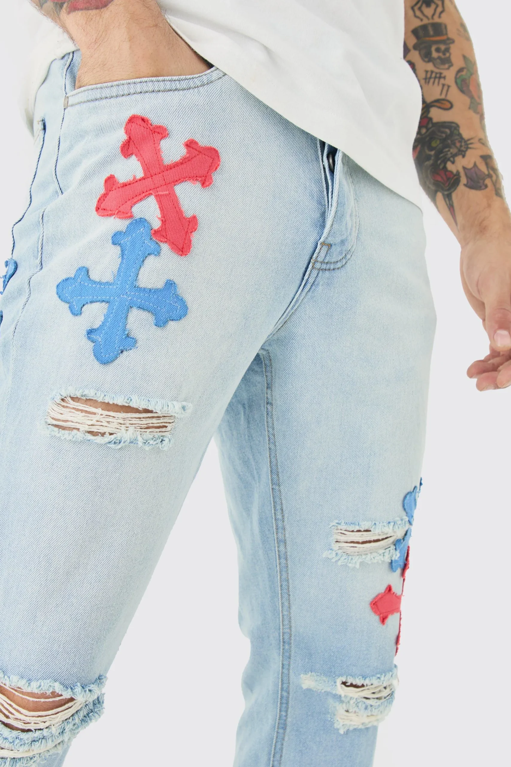 Slim Rigid Flare Applique Jeans In Ice Blue | BoohooMAN UK