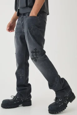 Slim Rigid Flare Cross Embroidered Jeans | BoohooMAN UK
