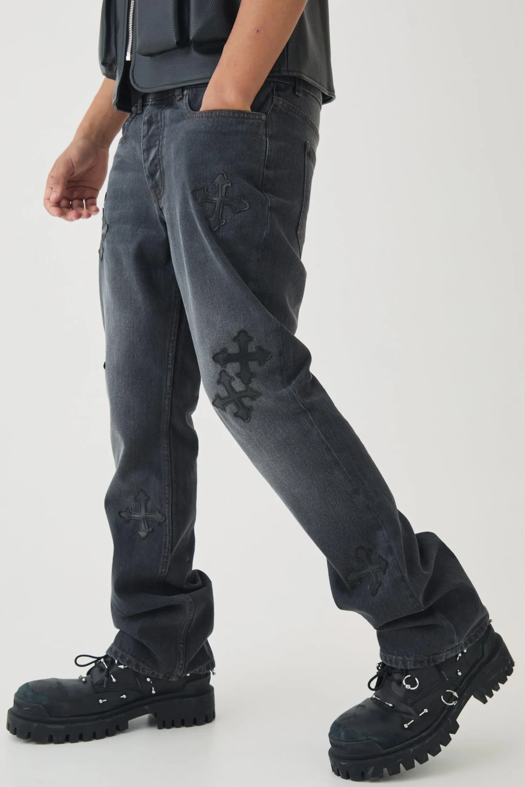 Slim Rigid Flare Cross Embroidered Jeans | BoohooMAN UK