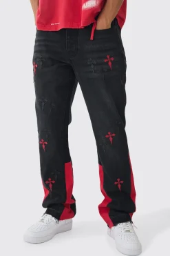 Slim Rigid Flare Cross Pu Applique Washed Jeans | BoohooMAN UK