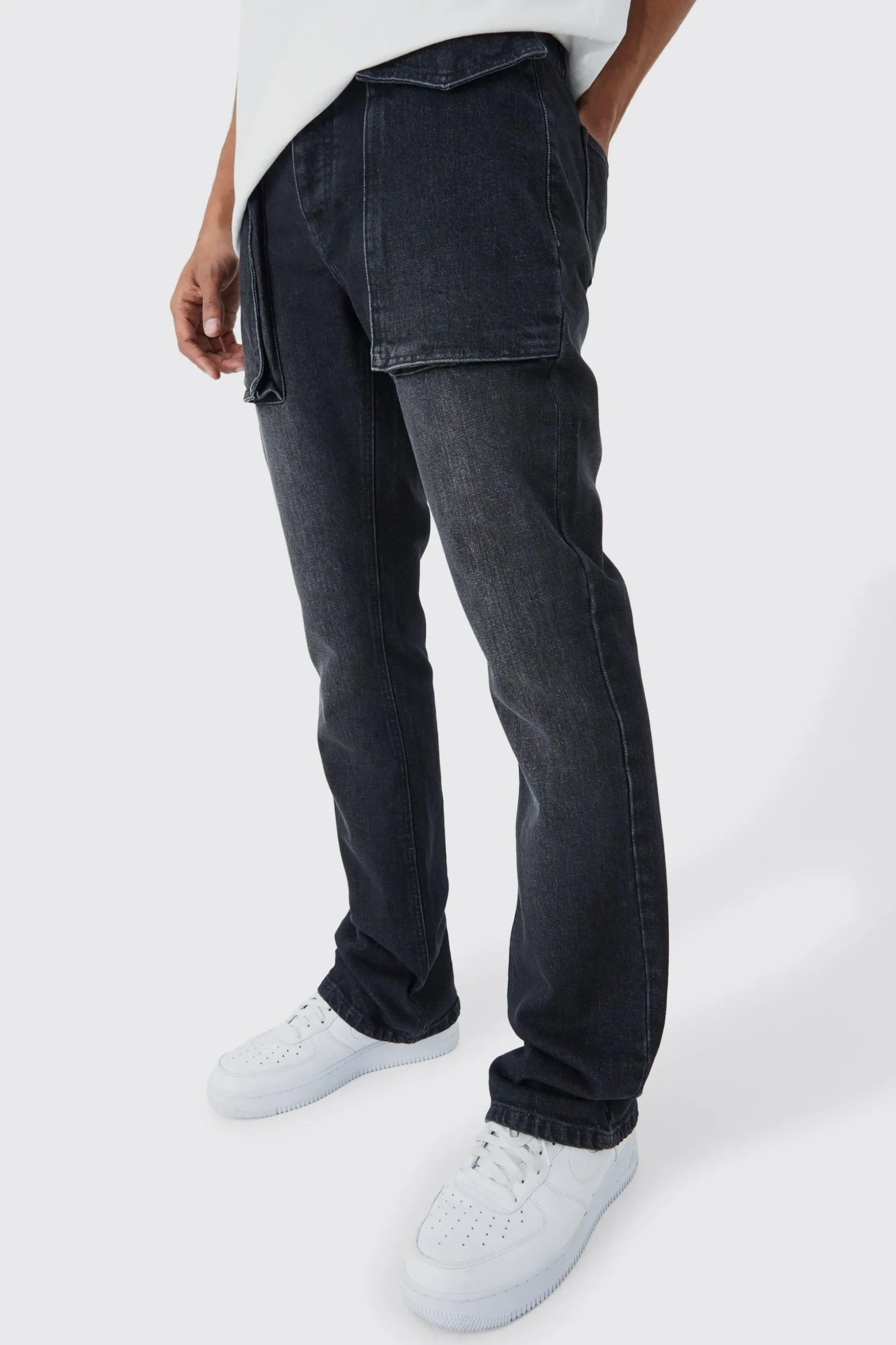 Slim Rigid Flare 3d Pocket Jeans In Charcoal | BoohooMAN UK