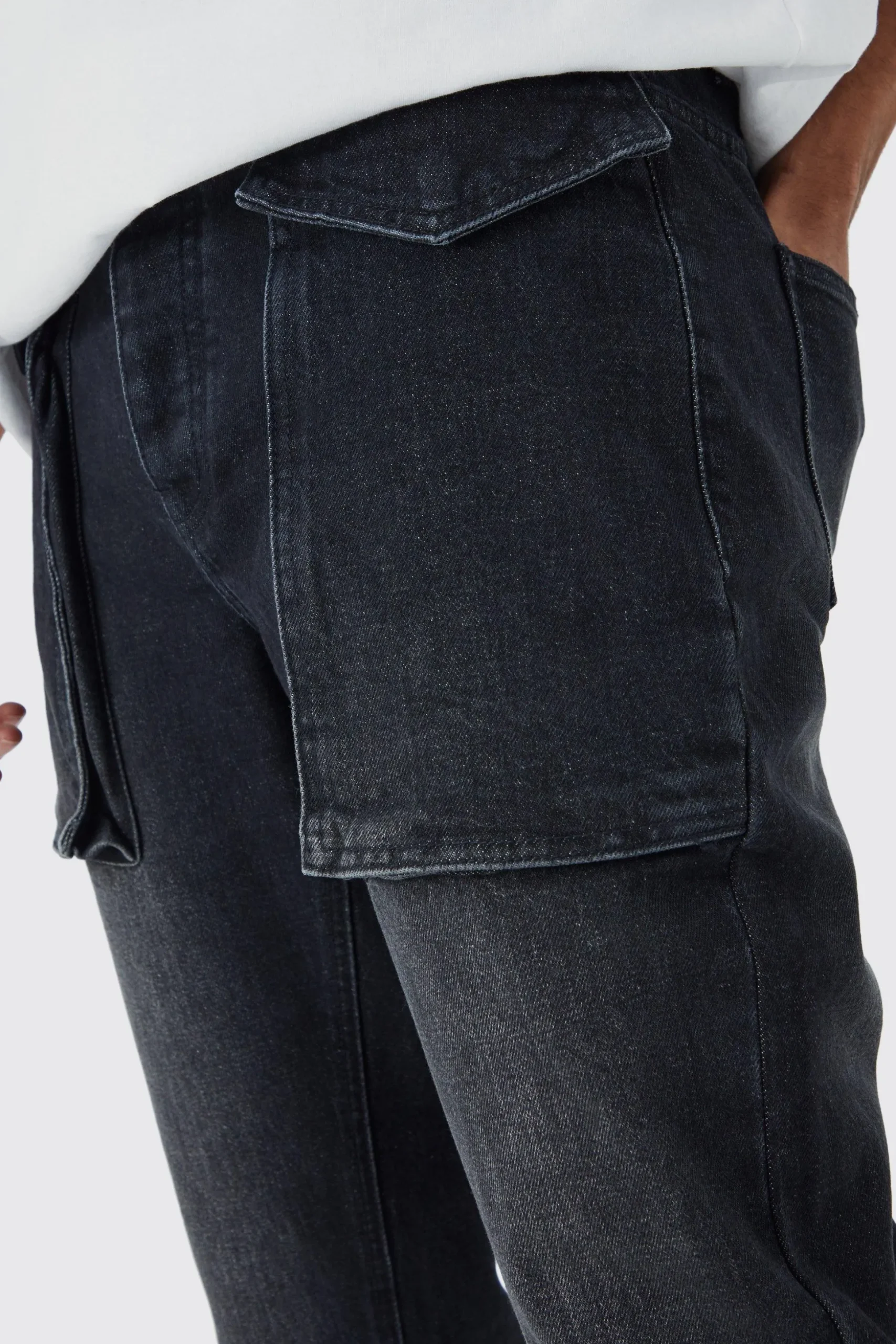 Slim Rigid Flare 3d Pocket Jeans In Charcoal | BoohooMAN UK