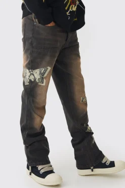 Slim Rigid Flare Dirty Wash Printed Jeans | BoohooMAN UK
