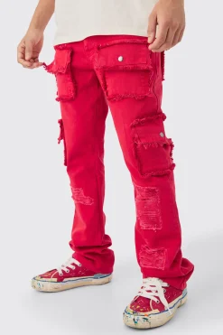 Slim Rigid Flare Distressed Pocket Jeans In Red | BoohooMAN UK