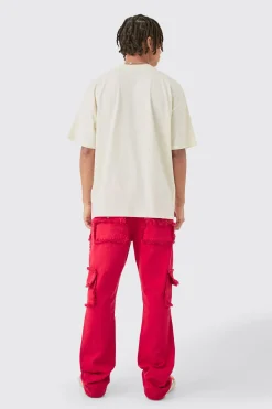Slim Rigid Flare Distressed Pocket Jeans In Red | BoohooMAN UK