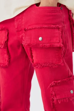 Slim Rigid Flare Distressed Pocket Jeans In Red | BoohooMAN UK