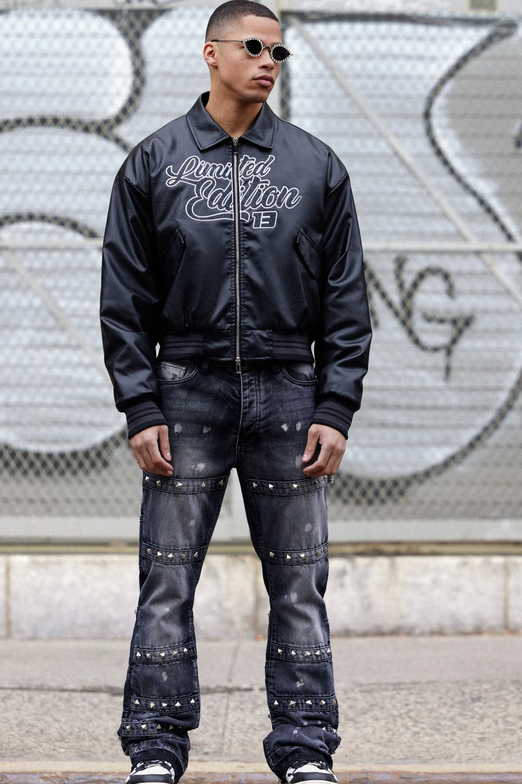Slim Rigid Flare Embellished Strap Detail Jeans In Charcoal | BoohooMAN UK