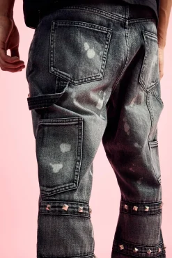 Slim Rigid Flare Embellished Strap Detail Jeans In Charcoal | BoohooMAN UK