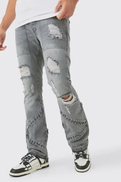 Slim Rigid Flare Hardware Jeans In Light Grey | BoohooMAN UK
