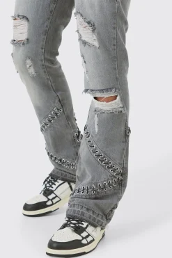 Slim Rigid Flare Hardware Jeans In Light Grey | BoohooMAN UK