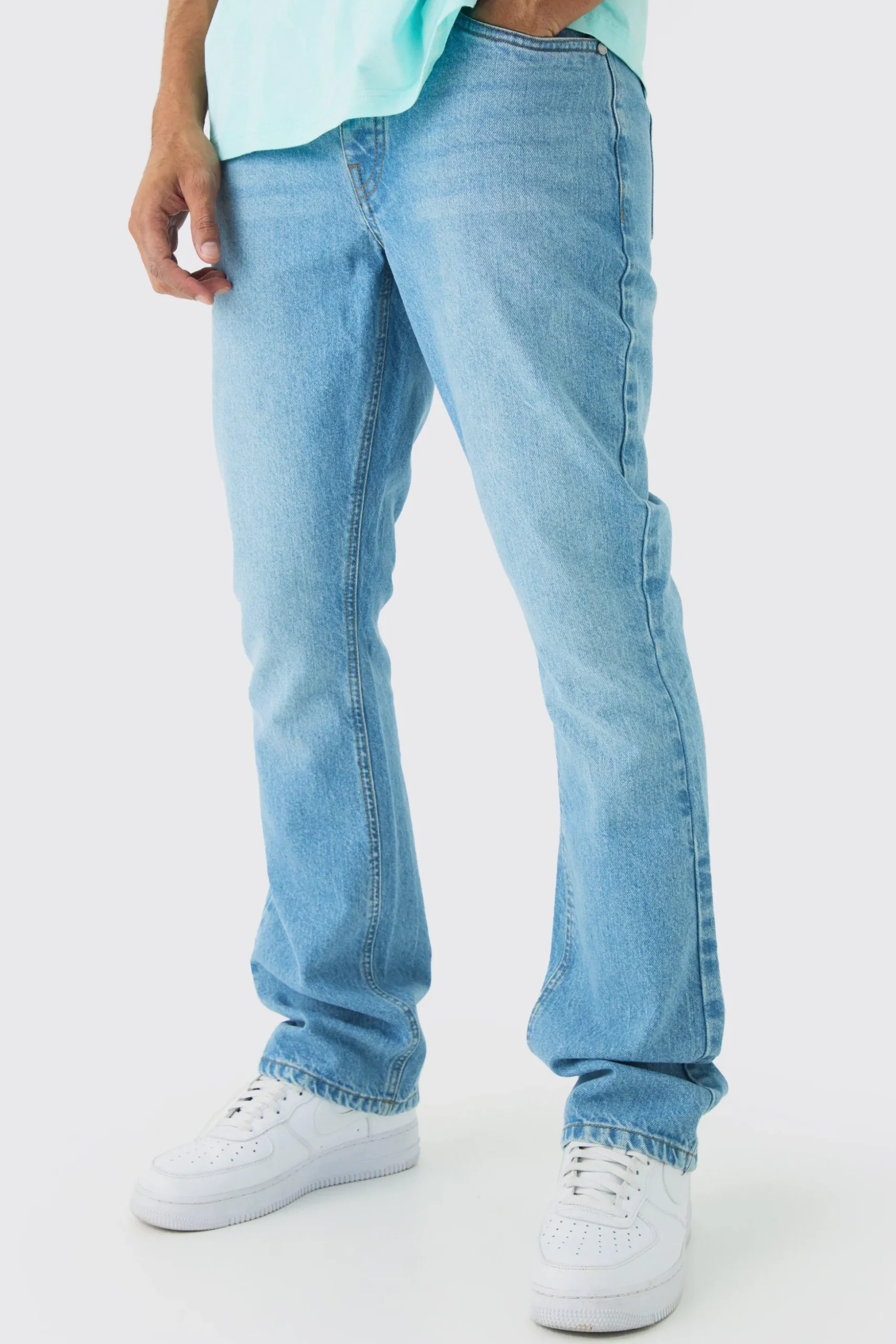 Slim Rigid Flare Jean In Light Blue | BoohooMAN UK