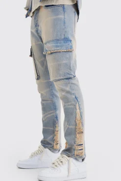 Slim Rigid Flare Overdyed Distressed Cargo Jeans | BoohooMAN UK