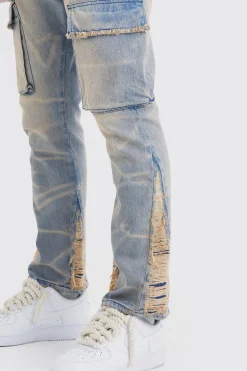 Slim Rigid Flare Overdyed Distressed Cargo Jeans | BoohooMAN UK