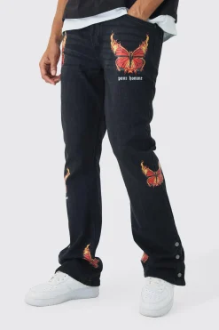Slim Rigid Flare Popper Hem Graphic Butterfly Jeans | BoohooMAN UK