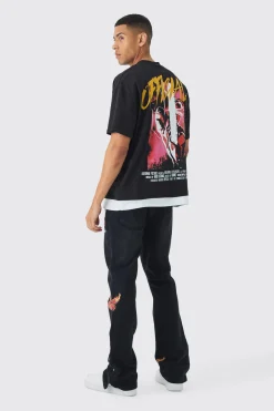 Slim Rigid Flare Popper Hem Graphic Butterfly Jeans | BoohooMAN UK