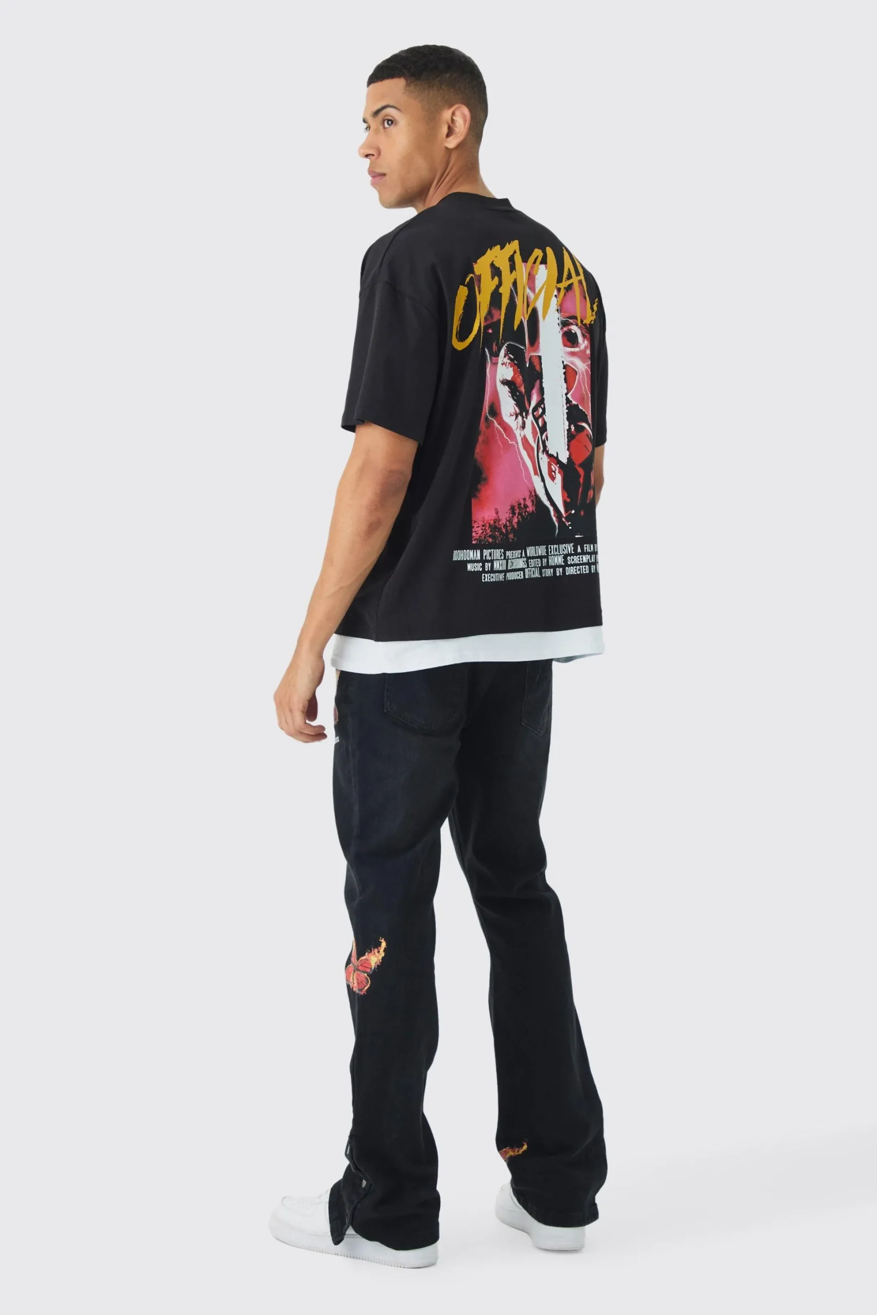 Slim Rigid Flare Popper Hem Graphic Butterfly Jeans | BoohooMAN UK