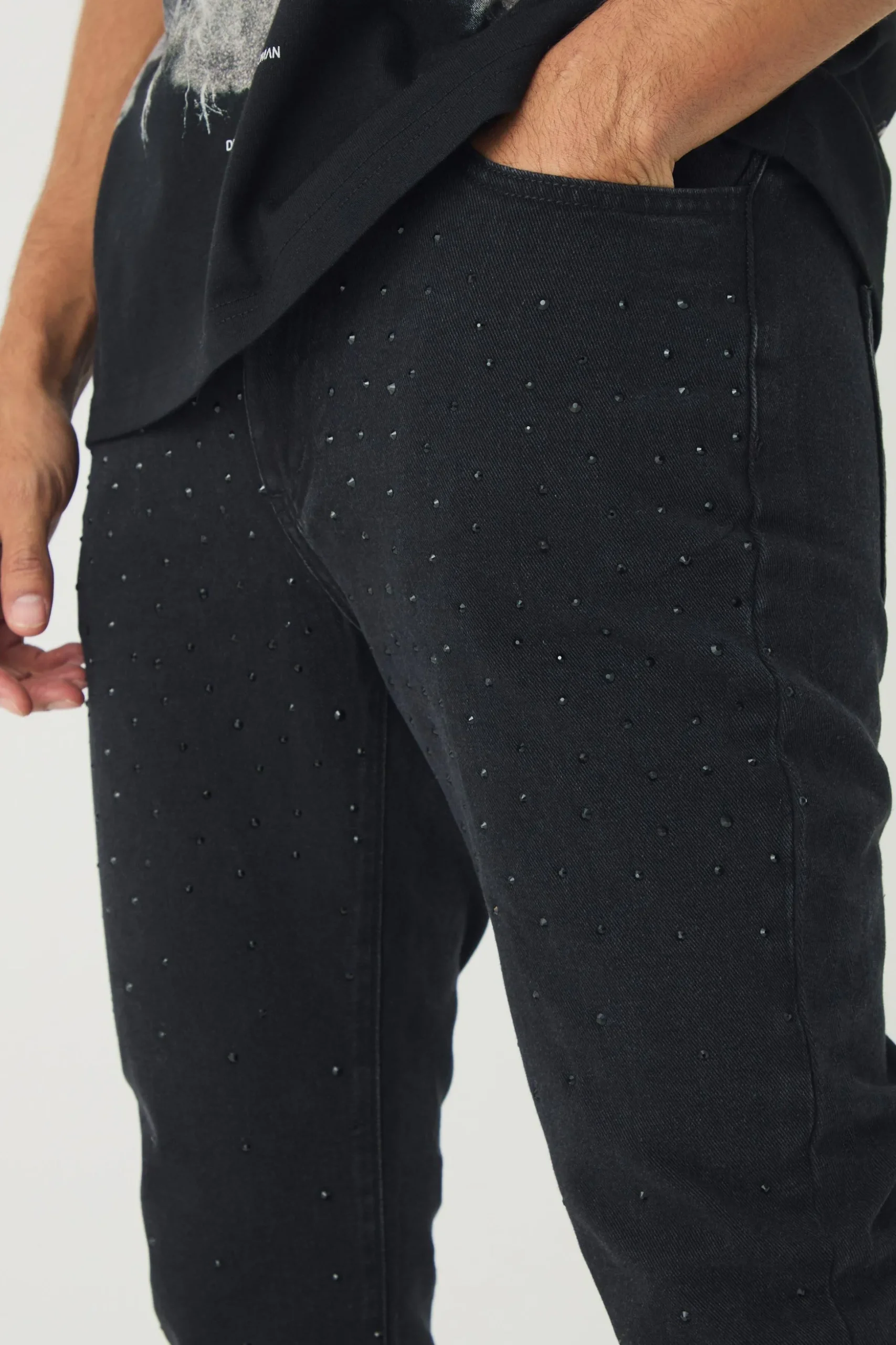 Slim Rigid Flare Rhinestone Jeans | BoohooMAN UK