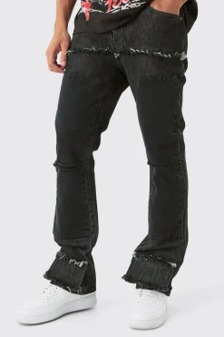 Slim Rigid Flare Ripped Carpenter Overdye Denim Jean In Black | BoohooMAN UK