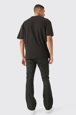 Slim Rigid Flare Ripped Carpenter Overdye Denim Jean In Black | BoohooMAN UK