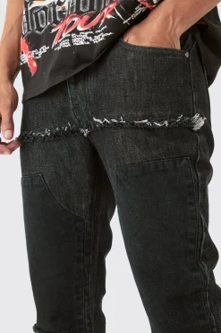 Slim Rigid Flare Ripped Carpenter Overdye Denim Jean In Black | BoohooMAN UK
