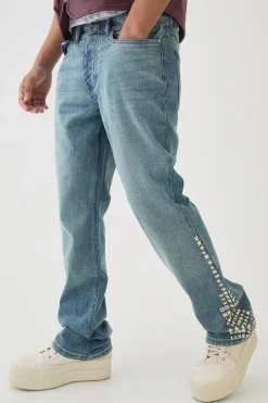 Slim Rigid Flare Studded Jeans | BoohooMAN UK