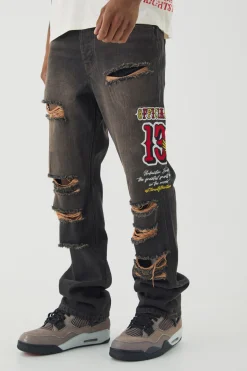 Slim Rigid Flare Varsity Applique Brown Wash Jeans | BoohooMAN UK