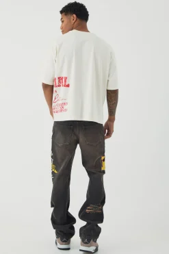 Slim Rigid Flare Varsity Applique Brown Wash Jeans | BoohooMAN UK