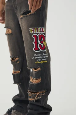 Slim Rigid Flare Varsity Applique Brown Wash Jeans | BoohooMAN UK