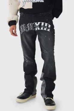 Slim Rigid Flare Washed Gusset Paint Splat Jeans | BoohooMAN UK