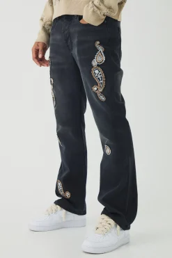 Slim Rigid Flare Washed Paisley Applique Jeans | BoohooMAN UK