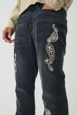 Slim Rigid Flare Washed Paisley Applique Jeans | BoohooMAN UK