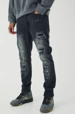 Slim Rigid Paint Splat Ripped Jeans | BoohooMAN UK